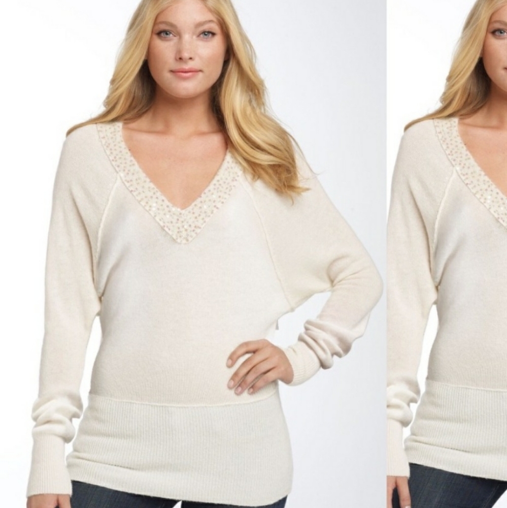 Free People Cream Dolman Sequined V-Neck Sweater